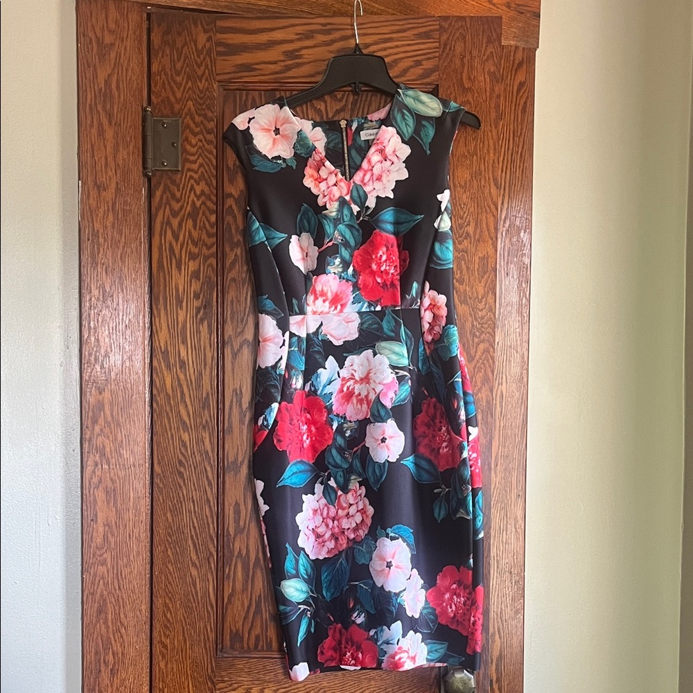 Calvin Klein Black Midi Sheath Dress with Pink & Red Floral Print